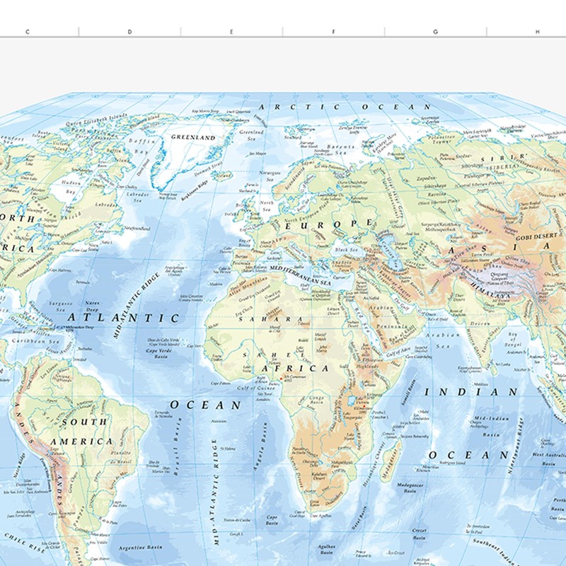 World Physical Map with Major Geographical Features For Home or