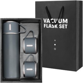 Belle Vous Grey Stainless Steel Thermos Flask with Lid and 2 Cups - 500 ml Double-Walled Thermos Flask with Cup - Leak-proof Thermos Bottle for Hot and Cold Drinks