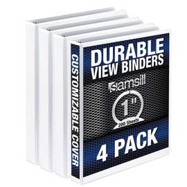 Samsill Durable 3 Ring Binder Made in the USA, 1-Inch Round Ring Binder, Holds 200 Sheets, Customizable Clear View Cover, White, Pack of 4 (‎MP48437)