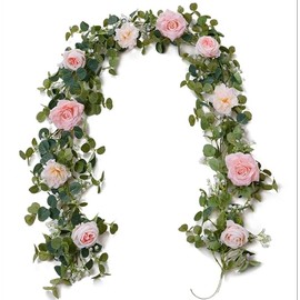 Anna's Whimsy 2PCS 5.91FT Artificial Eucalyptus Garland with Flowers, Fake Rose Gypsophila Garland, Faux Floral Garland Greenery Garland for Wedding Spring Home Party Table Runner Decor (Pink)