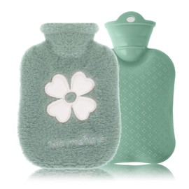 500ml Hot Water Bottle, 2-in-1 Small Hot Water Bottle with Cover Warm Water Bag with Soft Premium Faux Fur Cover Water Bag for Cold & Hot Compress Mini Hot-Water Bag for Women Men (Green)