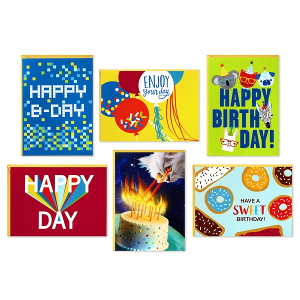 Hallmark Birthday Cards Assortment, 36 Cards with Envelopes (Cats, Lasers, Llamas, Donuts)