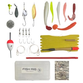 Fish Rig Travel Fishing Tackle Box + Tackle. 30 Essential Angling Tackle Items + How to Fish Guide. By Rigged and Ready