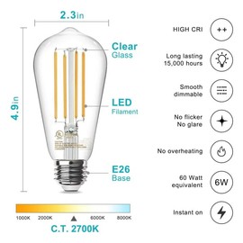 TJOY Edison Light Bulbs, Dimmable Vintage LED Light Bulbs, E26 Medium Base, Warm White 2700K, ST58, 6W, 800LM, 80+ CRI, Antique Decorative LED Filament, Clear Glass, 6 Pack