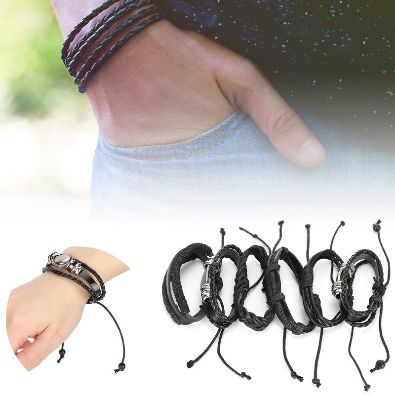 2Sets Adjustable Braided Bracelet Metal Inlaid Wristband Retro Style Cuff