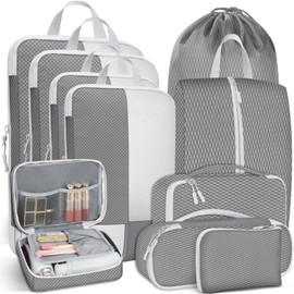 Avmvnvc Suitcase Organiser Set, 10-Piece Packing Cubes for Clothes, Packing Cube Set with Compression, Suitcase Organiser Set with Cosmetic Bag, Travel Organiser for Backpack and Suitcase, Grey