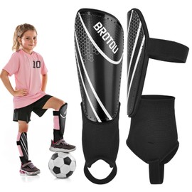 Youth Football Shin Guards, BROTOU High Strength Junior Shin Pads with Calf & Ankle Protection, Lightweight Design, Breathable, Non Slip Extended Adjustable Straps, for Boys and Girls (S, Black)