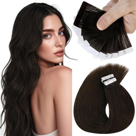 Sunny Hair Tape in Hair Extensions Human Hair Invisible Tape in Hair Extensions 10Pcs Tape in Extensions Real Human Hair Straight Hair Extensions for Women 16 inch Darkest Brown Color