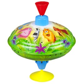 Lena 52263 Humming Spinning Top Jungle Animals Diameter 16 cm, Metal Swing Spinner Made of Sheet Metal, Classic Pump Spinning Top with Animal Motif, Spinning Top with Stand, Toy Spinner for Children