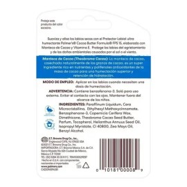 Palmers Cocoa Butter Bálsamo Labios  Cocoa Butter Lip Balm with Vitamin E, SPF 15                                                                     
