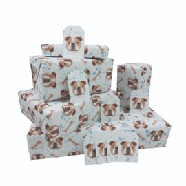 Bulldog Wrapping Paper Sheets x 5, plus 8 Gift Tags - 100% Recyclable - Eco Friendly Gift Wrap - Animal Wrapping Paper - Birthday Wrapping Paper For Dogs - English Bulldogs