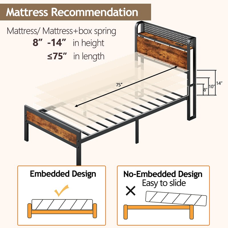 Furnulem Bed Frame Twin Size with LED Lights & Charging