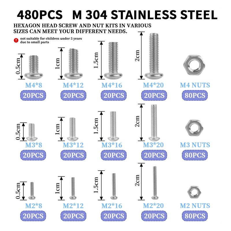 480pcs M2 M3 M4 304 Stainless Steel Metric Screws Assortment