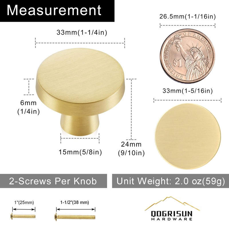 QOGRISUN 5-Pack Solid Brass Cabinet Knobs, Circular Gold Knobs for