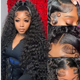 TONHONK 32 Inch 13x6 Deep Wave Lace Front Wigs Human Hair Wigs for Women 200 Density HD Transparent Deep Curly Lace Frontal Wigs Human Hair Pre Plucked with Baby Hair Natural Color