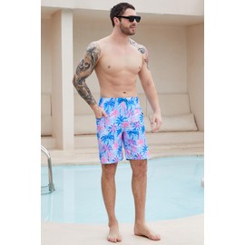 AYUNIX Mens Swim Trunks with Compression Liner Hawaiian Swim Shorts Board Shorts 9 Inch Quick Dry Bathing Suits with Zipper Pockets