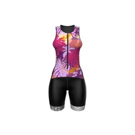 WIXEN Women's Triathlon Suit Sleeveless Tri Suit Padded Cycle Race Swim Bike Run Trisuit Back Pockets, Multi Leafs, XX-Large