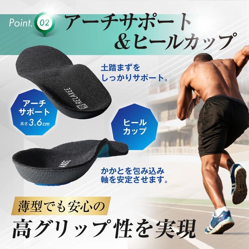RELAXEE Insole, Sports, Shock Absorption, Arch Support, Footbed, Thin, Men's,