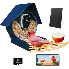 Smart Bird Feeder with Camera - AI Identifies Bird Species, Solar Panel, 32GB SD Card, Includes App Notifications, Red Bird on Display - Color: Diamond blue