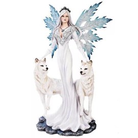Atl Extra Large White Tribal Fairy With Wolves Statue Finish Made of Polyresin