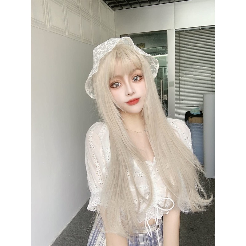 Semi-long, Beige x White Wig, Women's, Wig, Straight, Natural, Harajuku