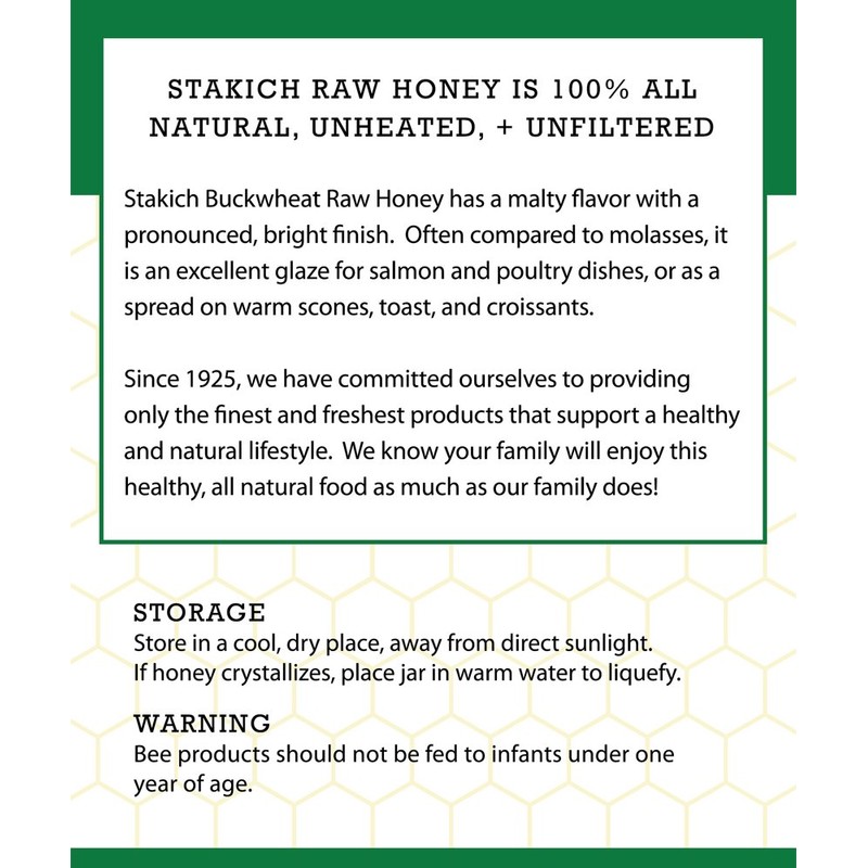Stakich Buckwheat Antioxidant Raw Honey - Pure, Unprocessed, Unheated, Kosher