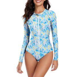 American Trends Long Sleeve Swimsuits for Women One Piece Bathing Suit Surfing Rash Guard Modest Swimming Suit for Women Teen Girls Blue Yellow Floral X-Large