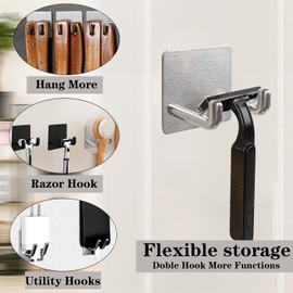 Vanloory Razor Holder, Self Adhesive Towel Hooks for Bathroom, 6 Pack Stainless Steel Sticky Shower Razor Hook Waterproof Shaver Hanger Double Wall Hooks for Hanging Plug Loofah Robe(Brushed Nickel)