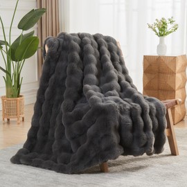 NEWCOSPLAY Faux Fur Throw Blanket Grey Luxury Fluffy Thick Warm Bubble Blanket for Couch Sofa Bed 1000GSM (Dark Grey Bubble, Throw(50"x60"))