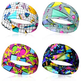 yfstyle 80s 90s Headbands 80s 90s Accessories for Glow Party Retro Print Travel Party Sweatbands Yoga Running Fitness Hair Bands 4Pcs