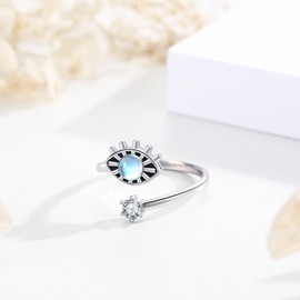 CUOKA MIRACLE Evil Eye Ring for Women, 925 Sterling Silver Moonstone Evil Eye Ring Evil Eyes Good Luck Ring Evil Eye Minimalist Irish Jewelry Adjustable Ring Gifts for Women, Sterling Silver,