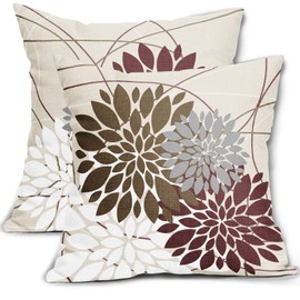 Brown Burgundy Pillow Covers 16x16 Inch Dahlia Flower Decorative Throw Pillows Modern Geometry Floral Outdoor Farmhouse Pillowcase Linen Square Cushion Case Decor for Home Sofa Couch Bed, Set of 2