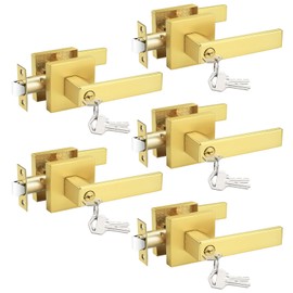 Probrico 5 Pack Gold Entry Door Locks,Satin Brass Heavy Duty Interior Front Door Handles with Key, Entrance Exterior Lockset Each with 3 Same Keys