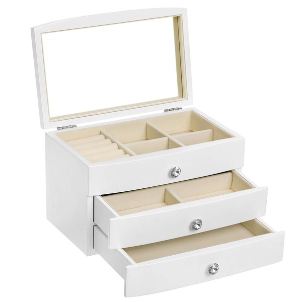 SONGMICS Jewelry Box, 3-Tier Wooden Jewelry Case, Jewelry Organizer with Large Mirror, for Rings, Necklaces, Earrings, Bracelets, White UJOW03W