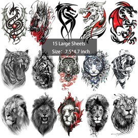 AWLEE Temporary Tattoos Waterproof Lion Tiger Tribal Totem - Long Lasting Fake tattoo for Men and Women 35 Sheets (Lion tiger)