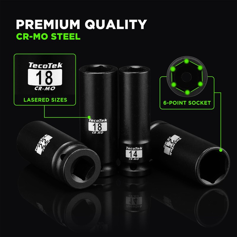 TecoTek 14PCS 1/2" Deep Drive Impact Socket Set, 6-Point, Metric