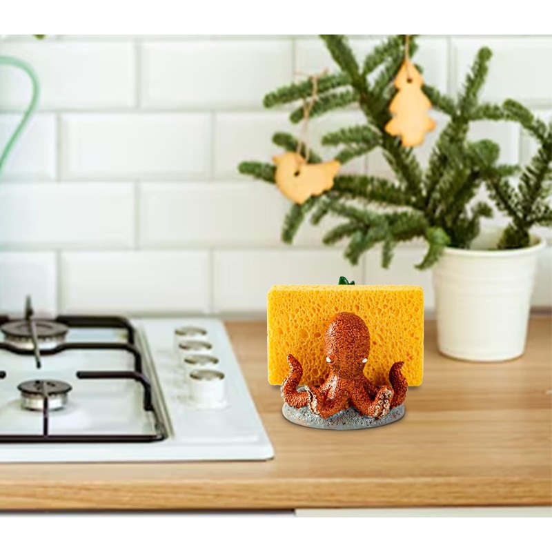Cute Octopus Sponge Holder - Red, Resin, Practical Sink Kitchen