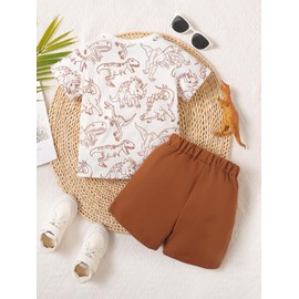 UUAISSO Kleinkind Baby Jungen Sommerkleidung Kurzarm Dinosaurier Taschen Top und Einfarbige Shorts Baby Jungen Outfits Set Braun 2–3 Jahre