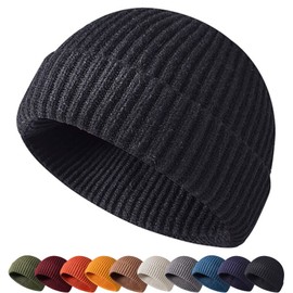 M2Ma Men's Knit Hat, Beanie, Thick, Ribbed Knit Hat, Unisex, One Size Fits Most, Made of High Quality Rayon, High Elasticity, Lightweight, Inner Cap Included, Black