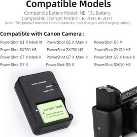 YUEFANSEN NB-13L Battery Pack and CB-2LH Battery Charger Compatible with Canon PowerShot G1 X Mark III, G5 X, G5 X Mark II, G7 X Mark II, G7 X Mark III, G9 X, G9 X Mark II, SX620 SX720 SX730 SX740 HS