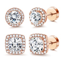 Morfetto 14K Flat Back Round Square Stud Earrings for Men Women Large Cubic Zirconia Stud Earrings Men's Earrings Flatback Earrings, ['AAA + Zirconia', 'Real White Plated Earrings', 'Hypoallergenic