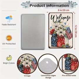 Smilelife Patriotic Floral Mason Jar USA Flag Welcome Tin Sign for Home Bedroom Man Cave Garage 4th of July Memorial Day Independence Day Decor 8 X 12 Inch (3707)