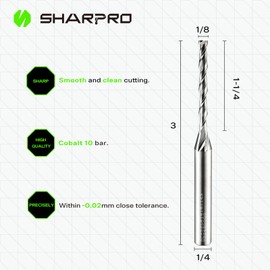 SHARPRO Extra Long 1/8 Router Bit 1/4 Shank, Spiral Upcut Router Bits 1/4 Inch Shank 1/8 Inch Cutting Dia. 1-1/4'' CL. 3'' OVL. Carbide CNC Router Bit, Ideal for Wood Inlay, Plunge Plastic