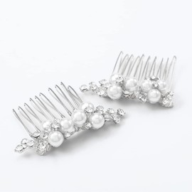 Wedding Pearl Hair Comb Bride Crystal Headpiece Bridal Rhinestone Hair Clip Hair Accessories for Women (Set of 2） (Silver)