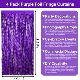 4 Pack Purple Wave Foil Fringe Curtain Backdrop, 3.28Ft x 8.2Ft Metallic Tinsel Foil Fringe Streamer Curtains for Photo Booth, Mother's Day, Easter, Birthday, Wedding Party Decoration