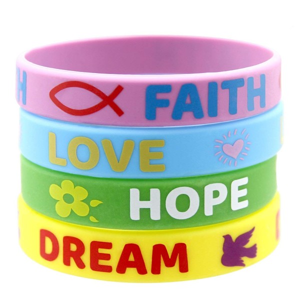 FANCY LAND 24 Inspirational Sayings Bracelets for Kids Rubber Easter Bracelets Faith Hope Love Dream Wristband Easter Day Gifts Party Supplies