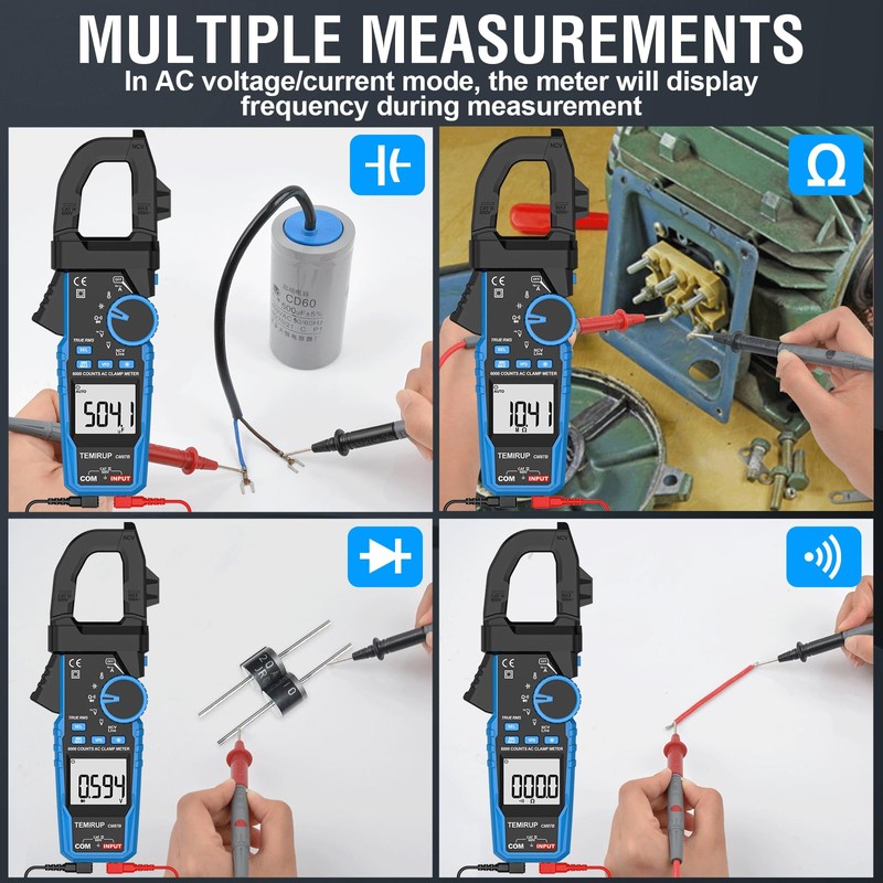Digital Clamp Meter Multimeter - TEMIRUP Auto-ranging 6000 Counts Amp