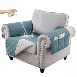 RAPRAP Single Sofa Chair Cover, 100% Waterproof Sofa Chair Protector with Side Pockets for Kids, Pets, Dogs, Durable Non-Slip 1 Seater Couch Covers, Washable, Gray Blue,1 Seater