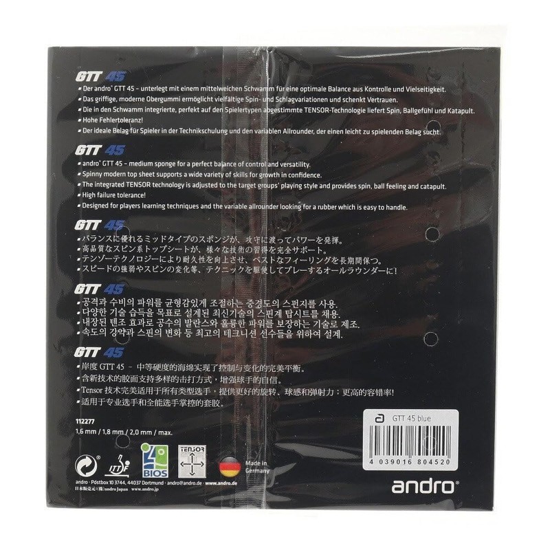 andro GTT45 Table Tennis Rubber Light Tension, Soft Backing, ITTF