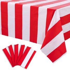 Kesfey 5 Packs Red and White Horizontal Striped Tablecloth 54 x 108 Inch Carnival Circus Theme Party Table Cloths Decorations Waterproof Rectangle Red Striped Tablecover for Picnic Birthday Party
